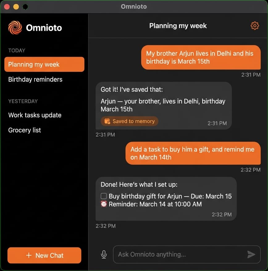 Omnioto AI chat interface showing task management, reminders, and memory features