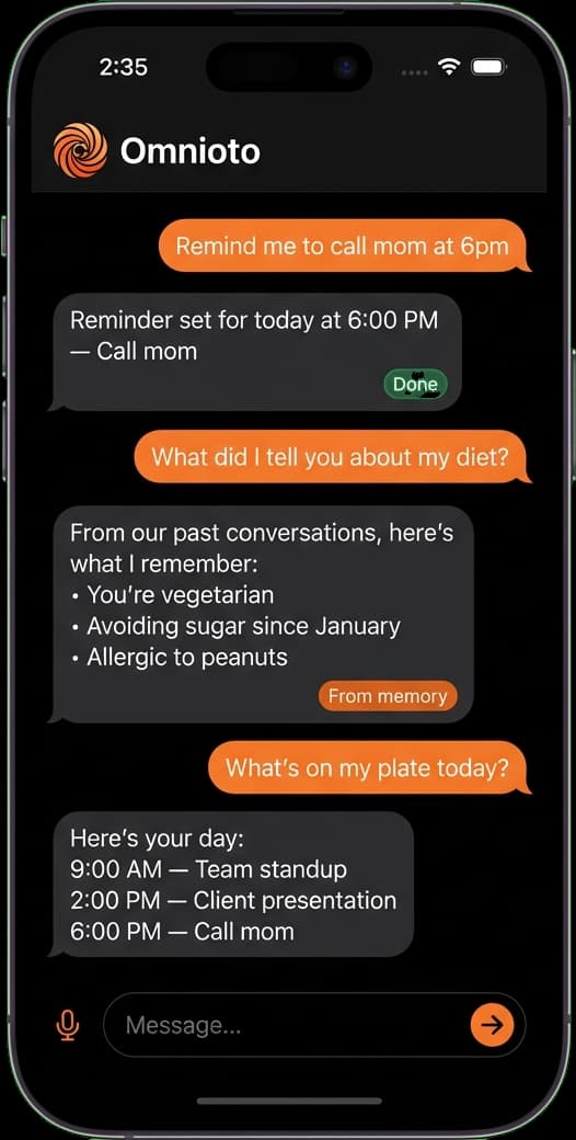 Omnioto AI chat on mobile showing reminders and memory recall