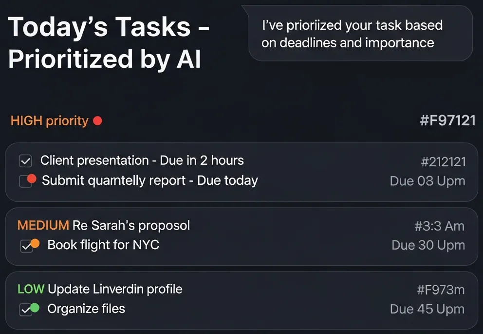 AI-powered task prioritization with color-coded priority levels and daily planning